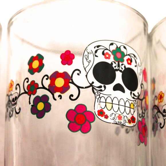 Set of 4 Vintage Glass Old Fashioned Tumblers Day of the Dead Sugar Skull - Picture 7 of 8